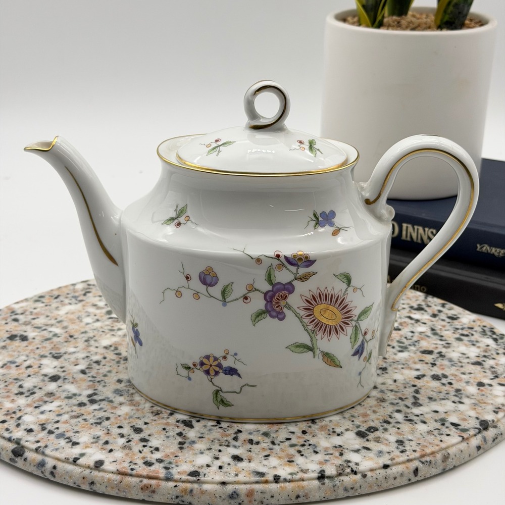 Vintage Richard Ginori Italy Floral Porcelain Teapot with Gold Gilt Accents